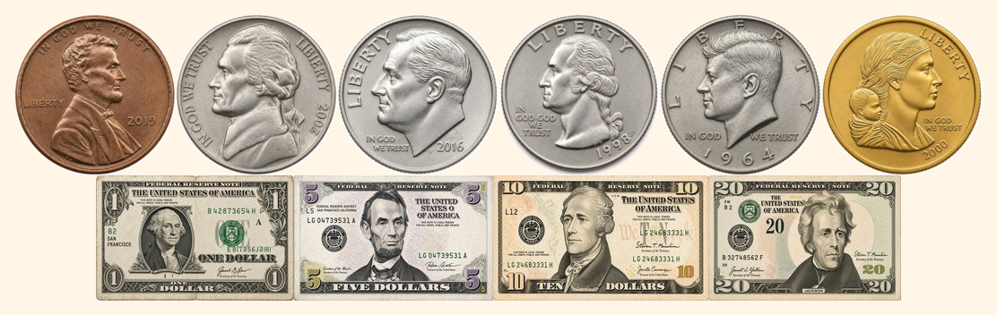 Photographed US coins and bills used in the app